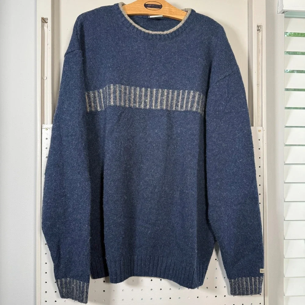 Columbia Sweater Men's Blue Wool Blend Knit Crew‎ Neck Pullover Winter Large VTG